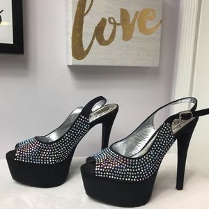 🔥Embellished Black Velvet Peep Toe Platform Pumps